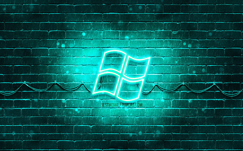 Logo Windows pirus,, brickwall pirus, logo Windows, merek, logo Windows neon, Windows untuk dengan resolusi. Kualitas tinggi Wallpaper HD