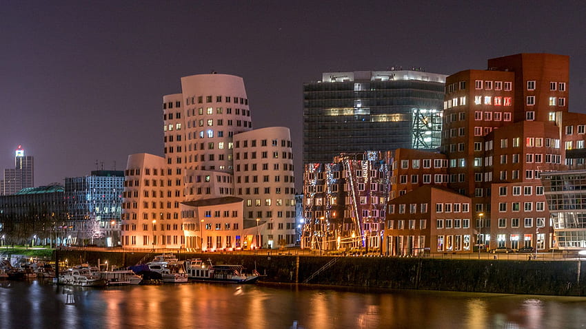 Germany Dusseldorf river Marinas night time Cities, Düsseldorf HD wallpaper