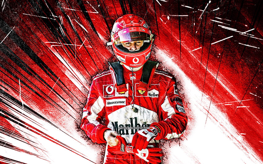 Михаел Шумахер, гръндж изкуство, легенди от Формула 1, немски състезатели, F1, Червеният барон, Скудерия Ферари, червени абстрактни лъчи, Михаел Шумахер Ферари, Михаел Шумахер HD тапет