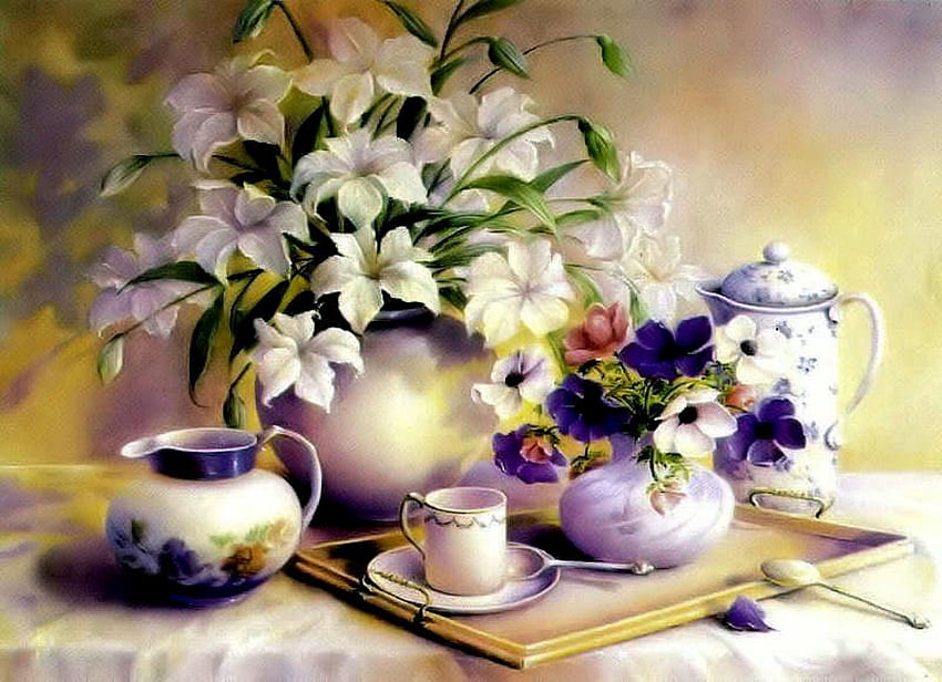 Lovely Lilys, natureza morta, lírios brancos, bandeja, xícara de chá, vaso, flores papel de parede HD