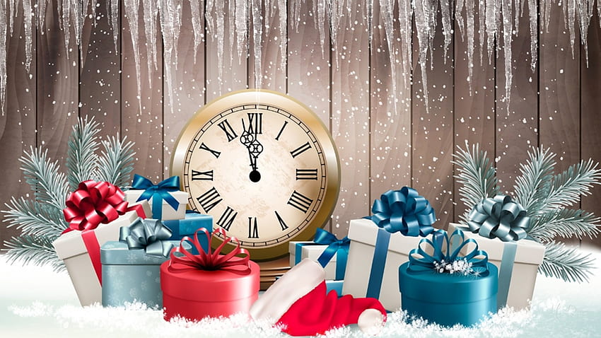 Christmas New Year, Feliz Navidad, New Year, icicles, gifts, presents, time, Christmas, snow, clock HD wallpaper