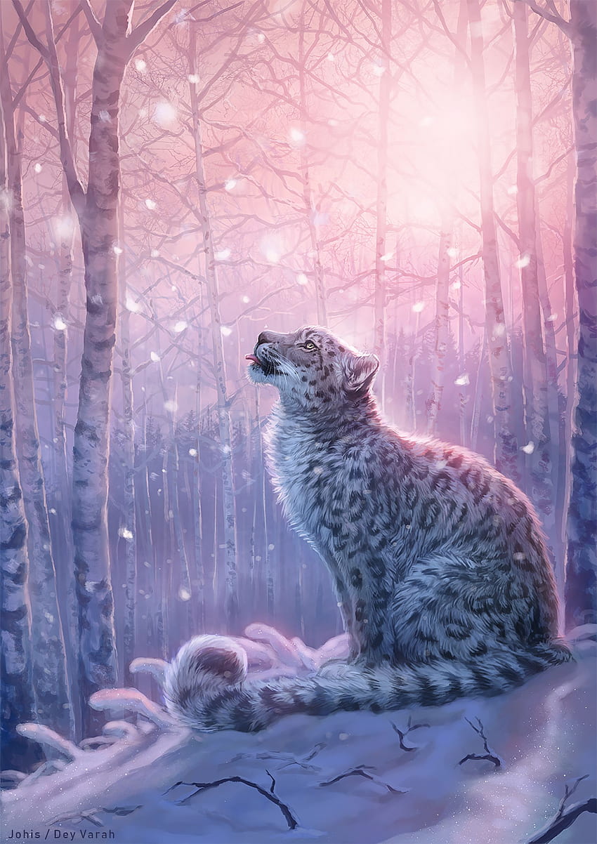 leopard, art, snow leopard, forest, snow background, Cool Snowy HD phone wallpaper