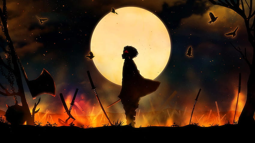 Demon Slayer Tanjiro Kamado autour d'épées poignardantes avec fond d'anime de pleine lune et de nuit noire Fond d'écran HD
