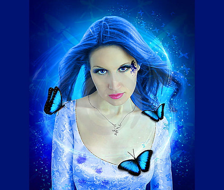Morpho Blue, blue, butterflies, woman, morpho HD wallpaper