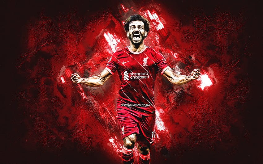 Mohamed Salah, Liverpool FC, kırmızı taş arka plan, futbol, ​​Salah sanat, grunge sanat, Premier Lig, İngiltere HD duvar kağıdı
