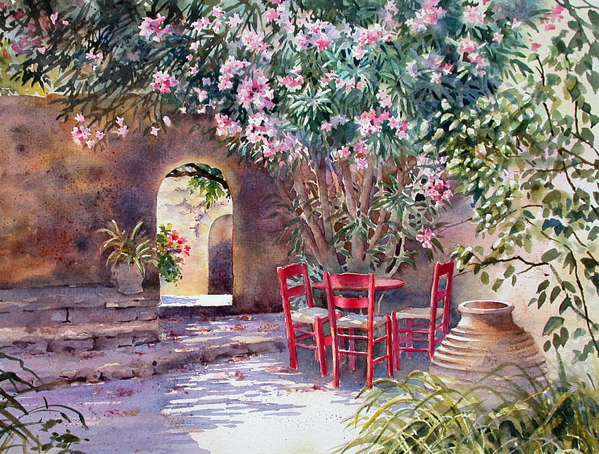 My Own Little Peace Of The World, kursi, meja, pohon, taman, bunga, menenangkan, mekar, pot Wallpaper HD