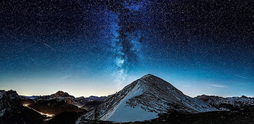 Milky Way, mountains, light, stars, mystery, night, snow HD wallpaper