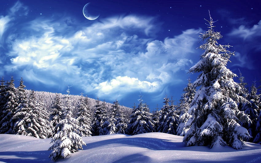 Natura, drzewa, niebo, chmury, księżyc, śnieg, zaspy, jadłem Tapeta HD