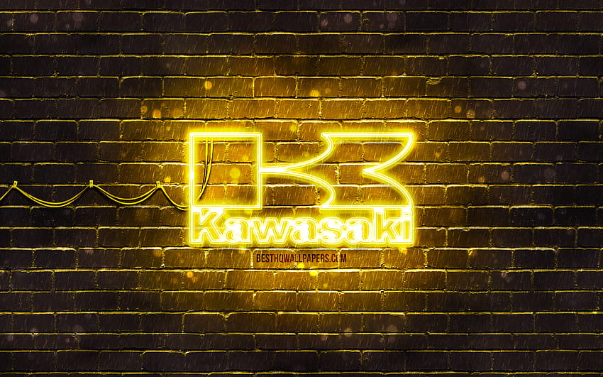 Żółte logo Kawasaki, żółta ściana z cegły, logo Kawasaki, marki motocykli, neonowe logo Kawasaki, Kawasaki Tapeta HD