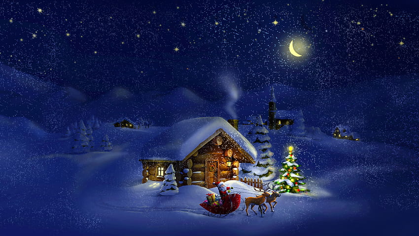 クリスマス、正月、サンタ、鹿、月、夜、冬、家、雪、休日、冬の家 高画質の壁紙