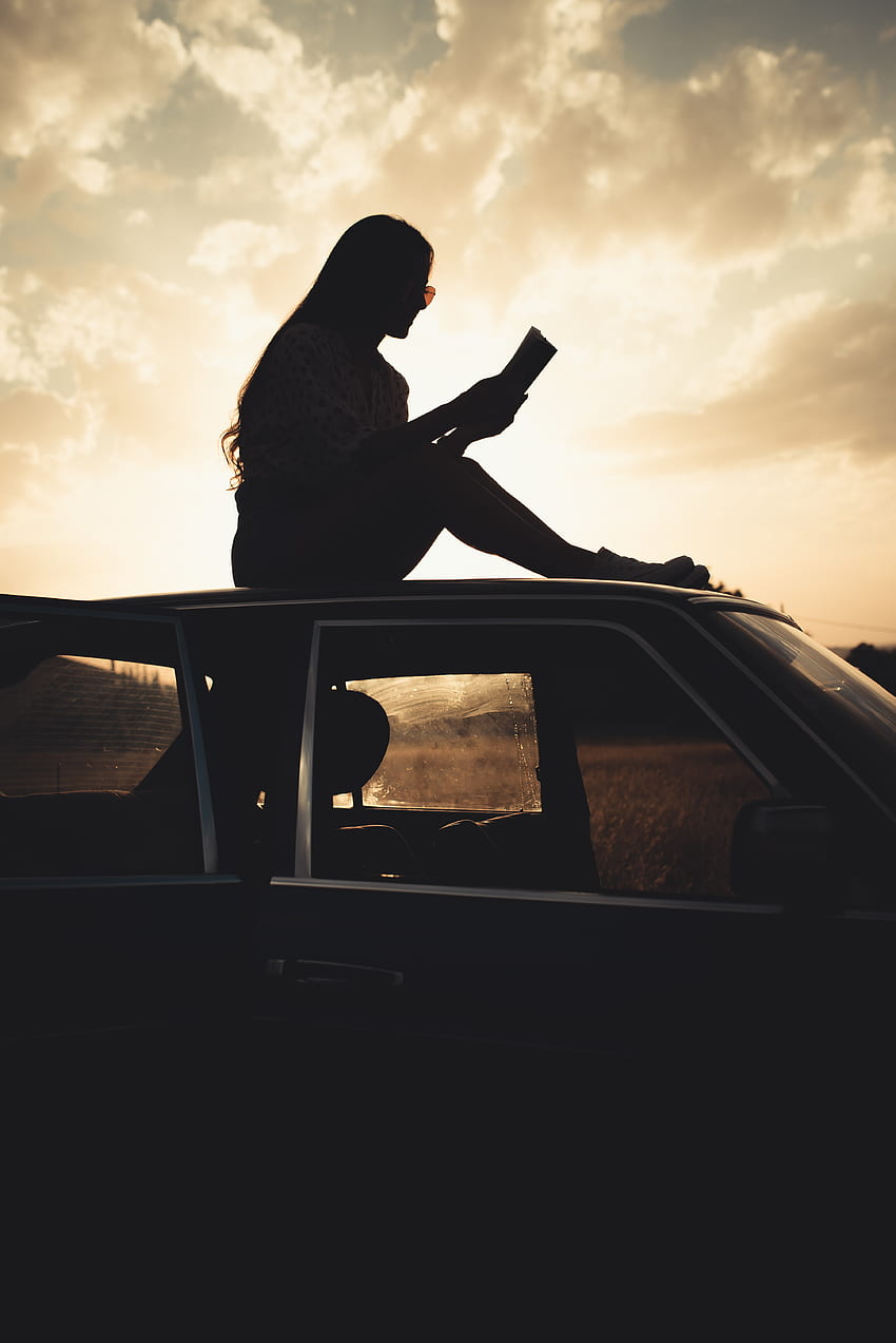 Books, Dark, Silhouette, Car, Machine, Girl, Reading HD phone wallpaper