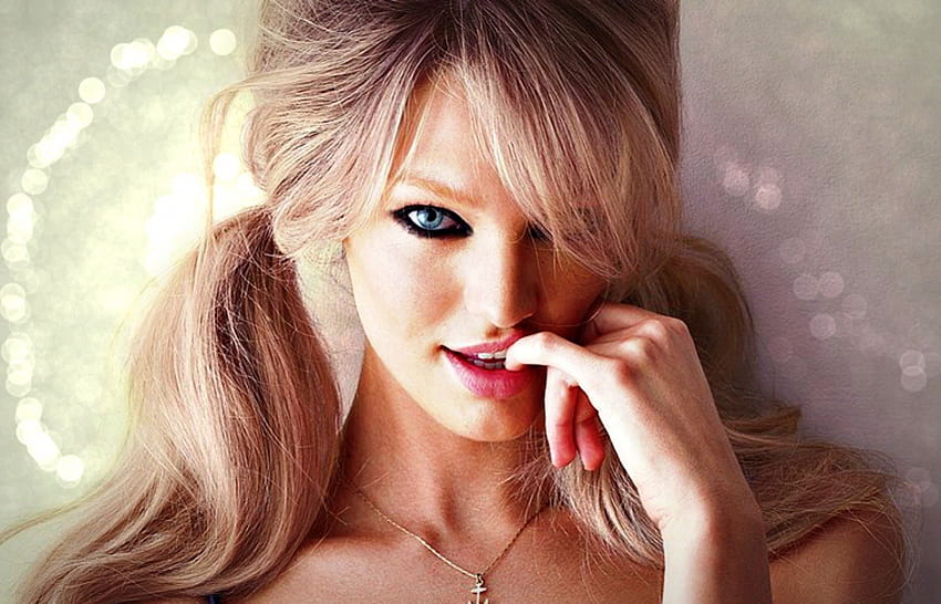 Candice Swanepoel, blue, by cehenot, model, blonde, glitter, eyes, girl, woman, heart HD wallpaper