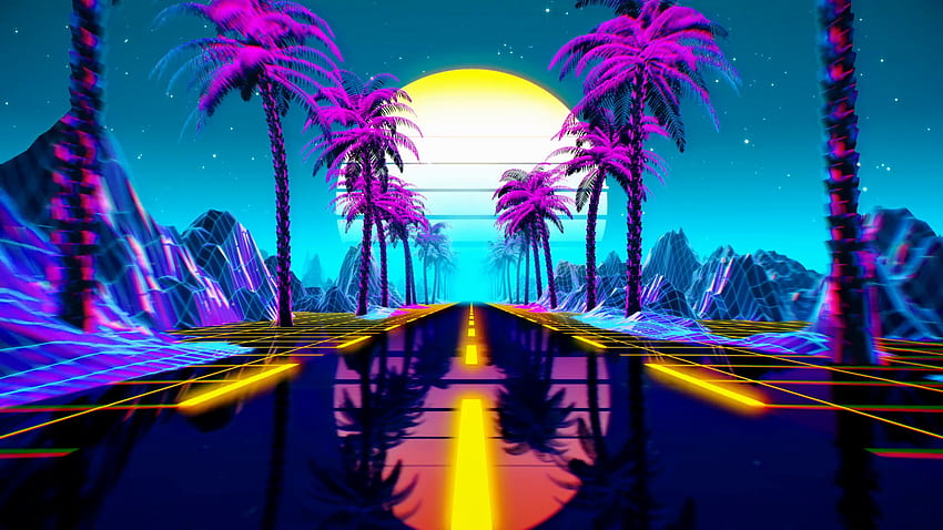 80s Retro futuristico Sci Fi Seamless Loop. Paesaggio del videogioco Retrowave VJ, luci al neon e griglia del terreno Low Poly. di animazione 3D stilizzato Vintage Vaporwave con montagne, sole e stelle. di movimento Sfondo HD