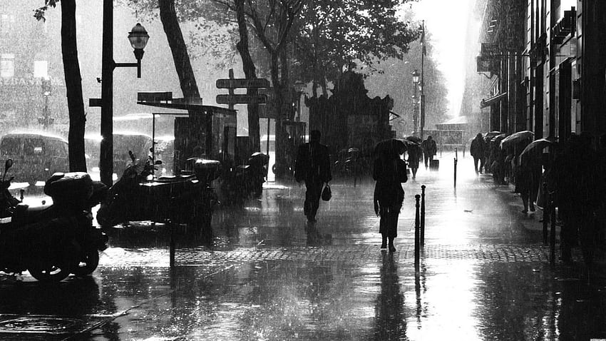 Paris France storm rain wet water monochrome black white cities sidewalk people urban buildings ., France Black and White HD wallpaper