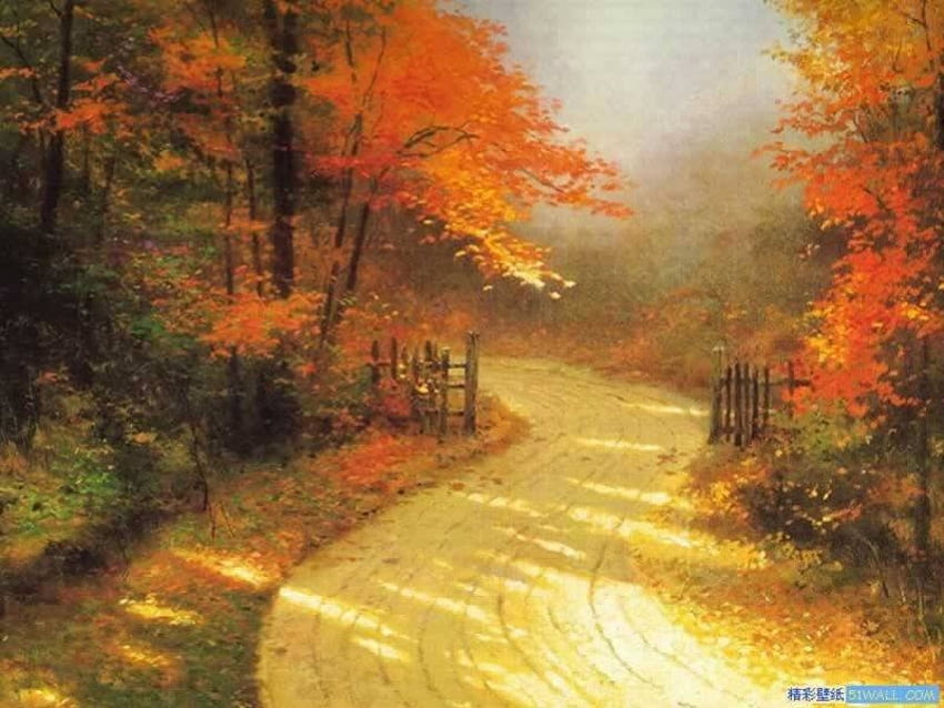 Winding Trail, mist, trail, art, fence, trees, autumn colours HD wallpaper