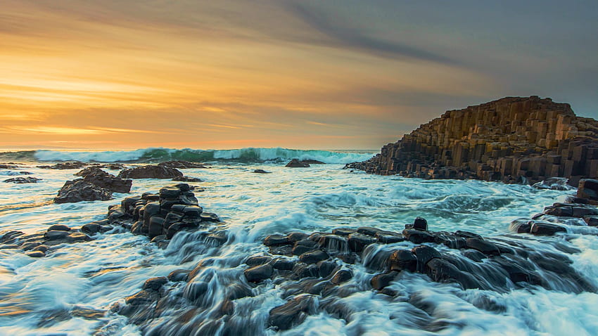 Sunset at The Giant's Causeway, Northern Ireland, sea, clouds, colors, sky, rocks HD wallpaper