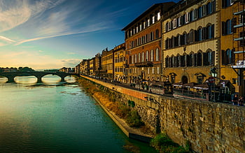 Florence, evening, sunset, River Arno, Ponte Vecchio, stone bridge ...