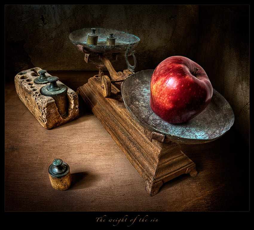 STILL LIFE, balance, scale, weights, red apple HD wallpaper
