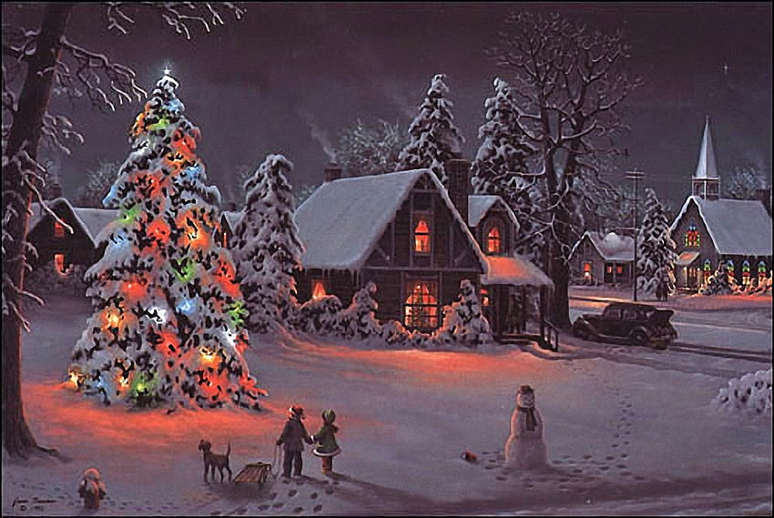 Christmas Wish, winter, dog, children, house, barnes, church, snowman, painting, snow, lights, village, christmas tree, evening HD wallpaper
