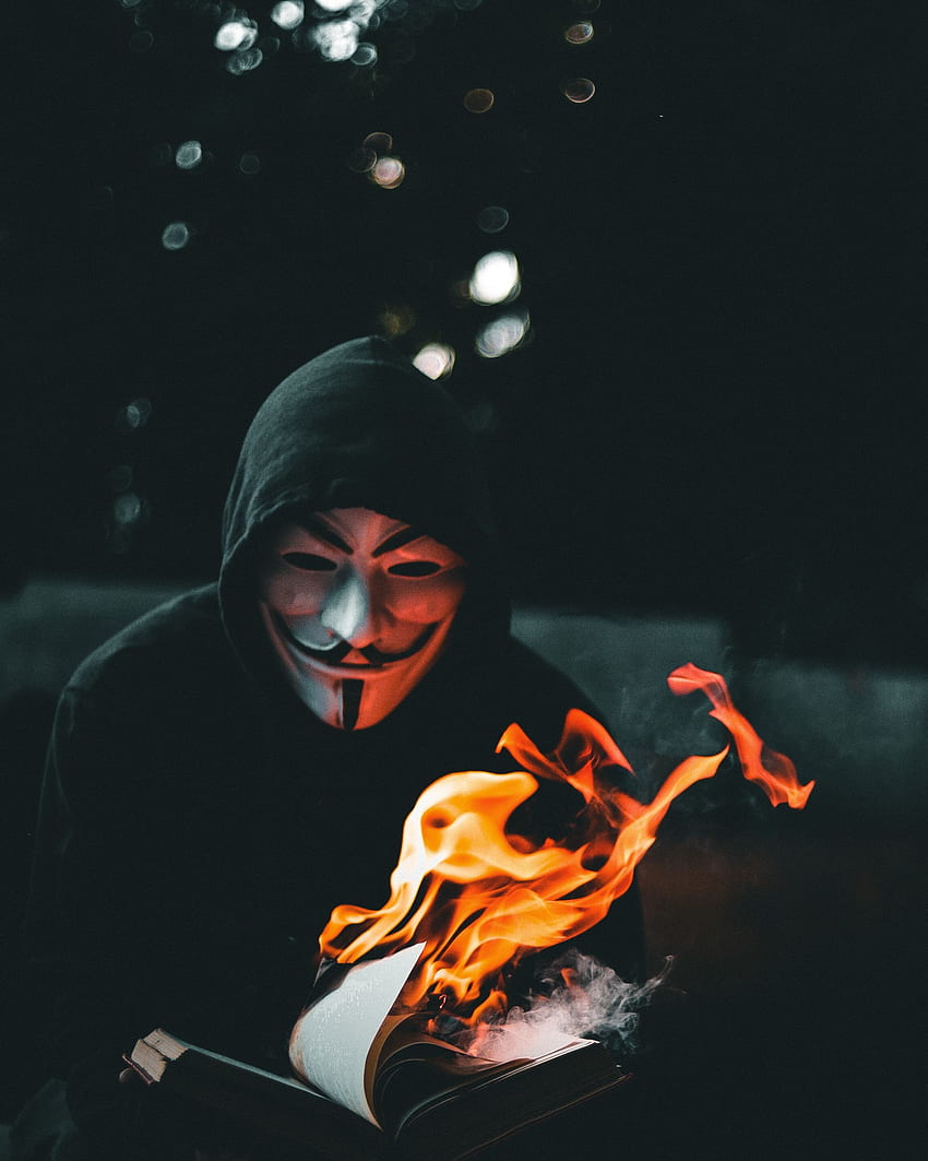 Fire, , , Mask, Book, Anonymous HD phone wallpaper
