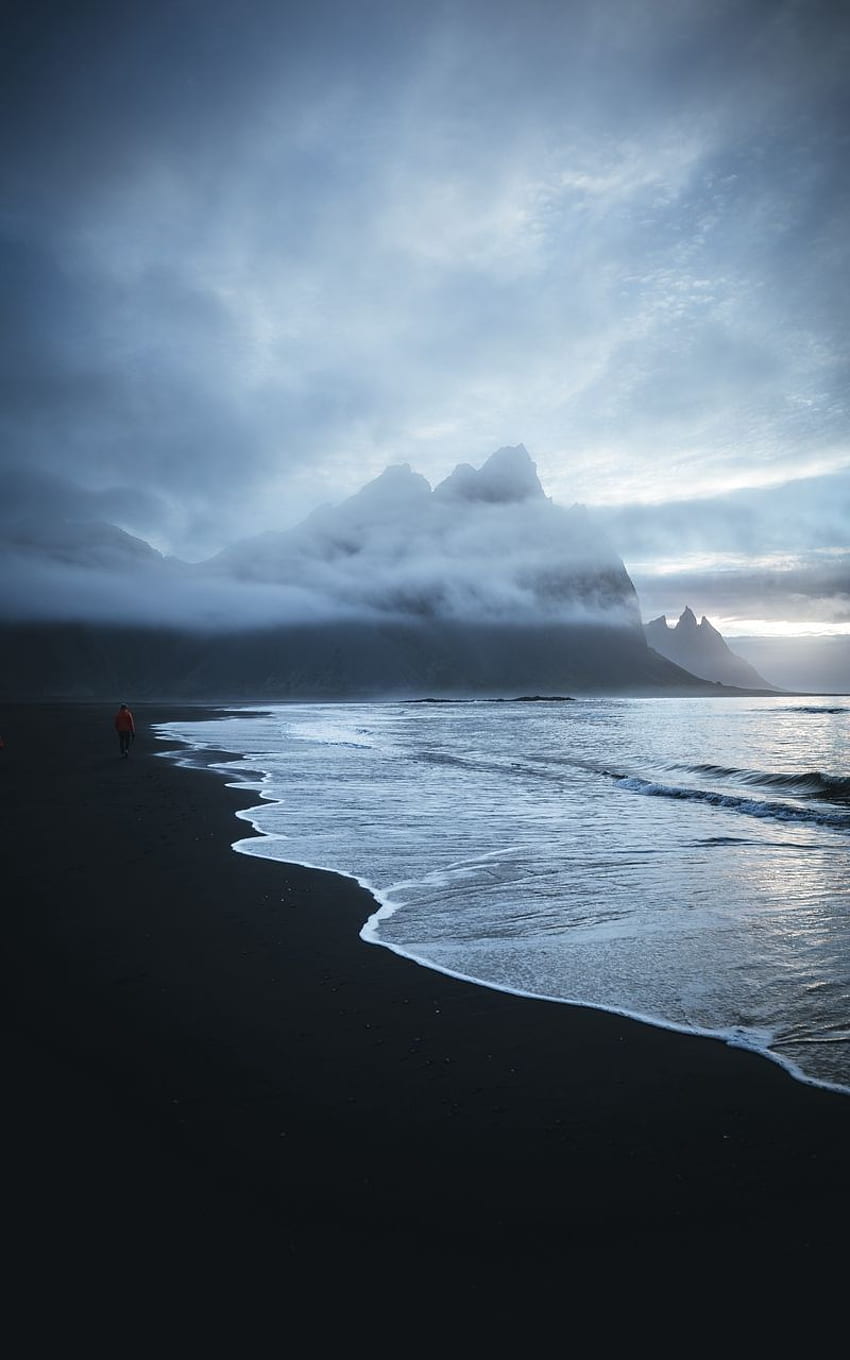 lonely, sea, beach, wave, sand, Black Beach HD phone wallpaper