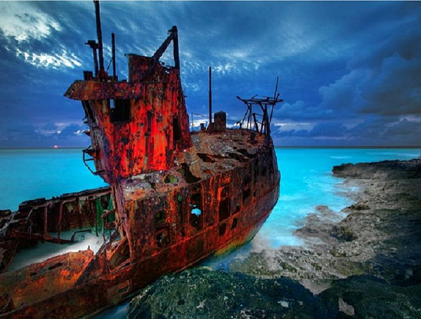 Long forgotten, ship wreck, boat, forgotten, ship, vibrant, rust, nice, old, broken, water HD wallpaper