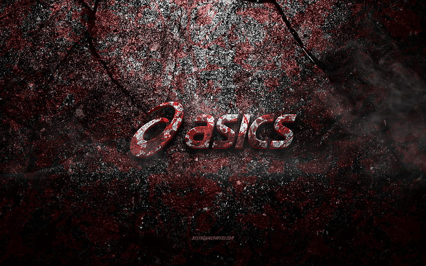 Asics-Logo, Grunge-Kunst, Asics-Stein-Logo, rote Steinstruktur, Asics, Grunge-Stein-Textur, Asics-Emblem, Asics-3D-Logo HD-Hintergrundbild