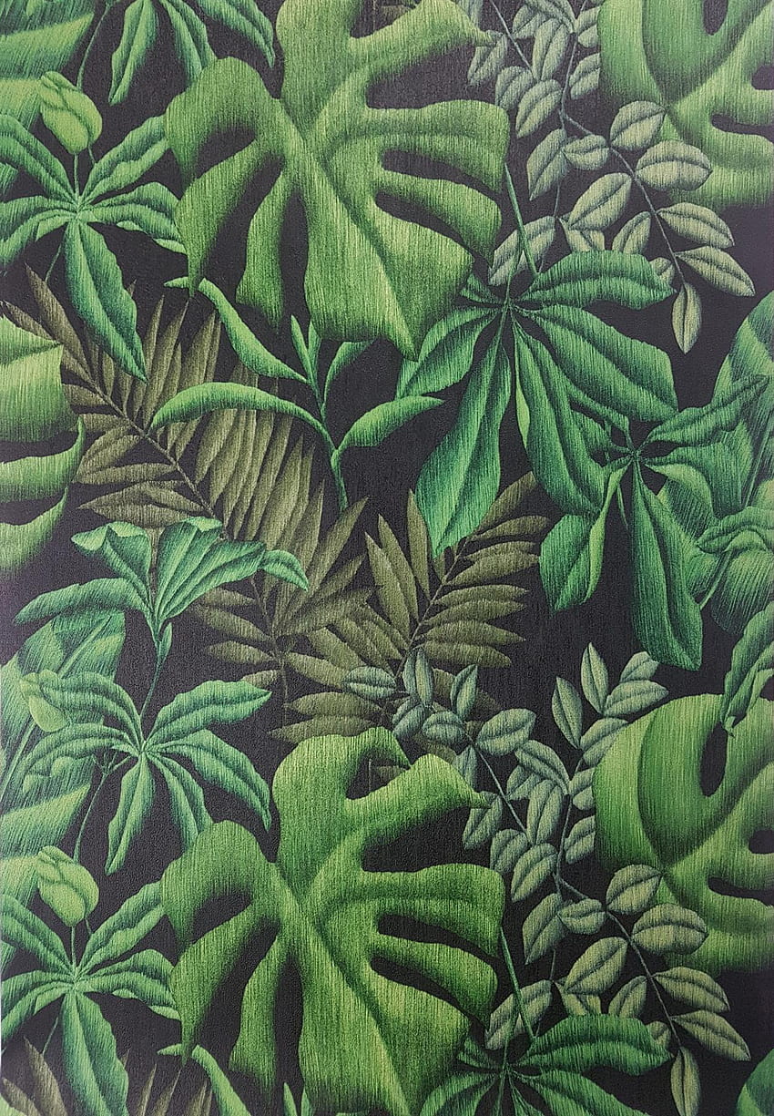 Tropical Palm Leaf Green Black Textured Paste Wall Vinyl A.S Creation HD phone wallpaper