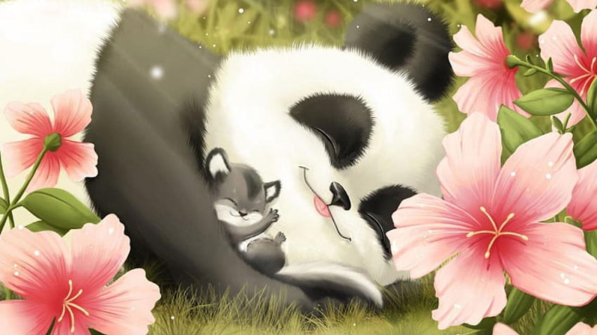 Cute Panda And Cub, Smiling, Sleeping, Flowers • For You, Cute Panda PC HD wallpaper