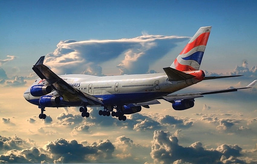gökyüzü, bulutlar, şekil, uçak, havaalanı, boeing, british airways HD duvar kağıdı