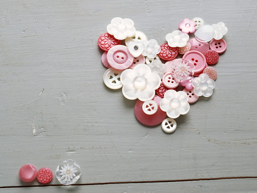 Buttoned Heart, pink, white, buttons, flowers, heart HD wallpaper