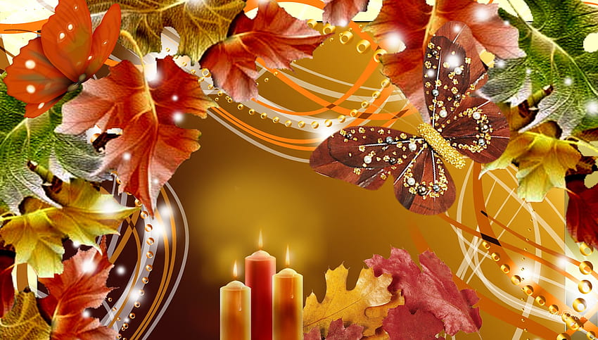 Autumn Glows II, color, firefox persona, fall, jewels, season, leaves, butterfly, light, autumn, candles HD wallpaper