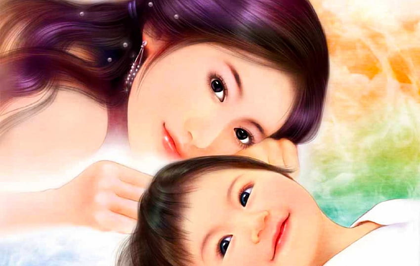 Madre e figlio, asiatica, arte, carina, cinese, ragazza, bella, serena, simpatica, donna, digitale, fantasia, bene, bambino Sfondo HD