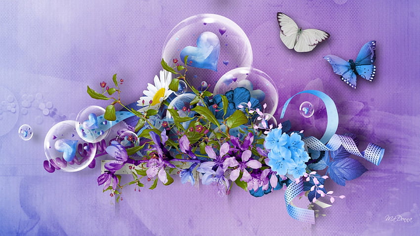 Kwiaty Serca i motyle, niebieski, kwiatowy, wstążki, stokrotki, fioletowy, liście, Walentynki, lawenda, serca, kwiaty, bąbelki Tapeta HD