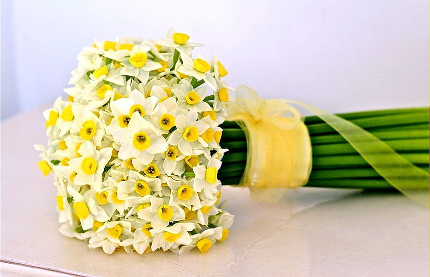 Flowers, Narcissussi, Bouquet, Bow, Tape HD wallpaper