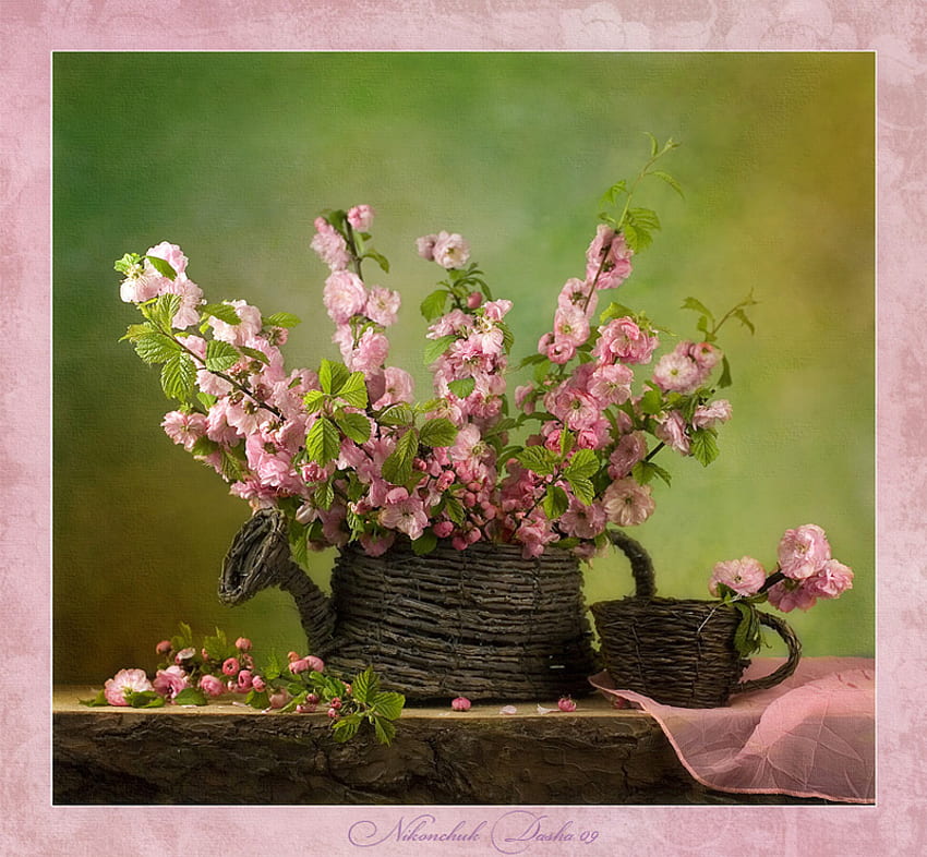 still life, bouquet, graphy, spring, basket, pink, flower, flowers, twigs HD wallpaper