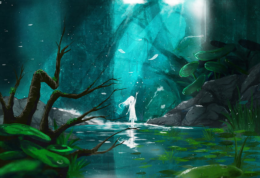 Lake, spirit, anime girl, original, fantasy HD wallpaper