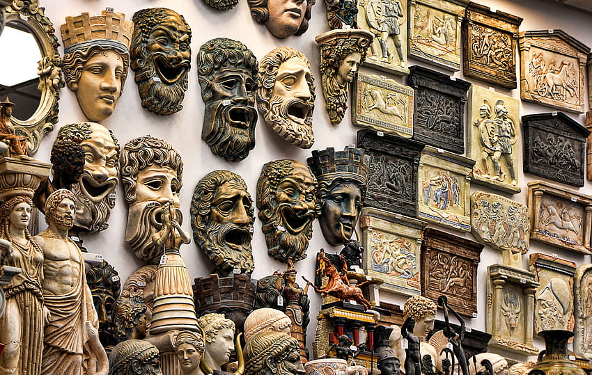 roman mask and wall decor, Greek Masks HD wallpaper