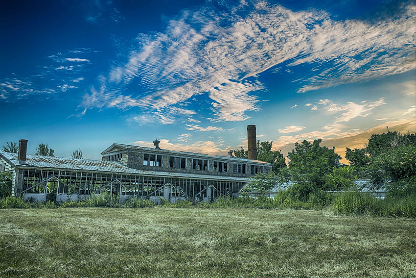 abandoned, architecture, beautiful, blue sky, building, clouds, cloudscape, dawn, daylight, field, grass, house, industrial, landscape, light, nature, old factory, outdoors, structure, summer, sun, sunset, travel, tree . Mocah HD wallpaper