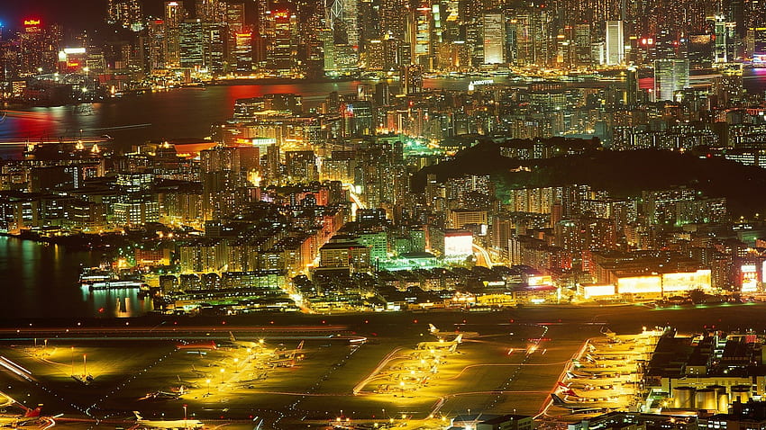 สนามบินไคตั๊กเก่าในฮ่องกง สนามบิน ตึกระฟ้า เมือง แสงไฟ เครื่องบิน วอลล์เปเปอร์ HD