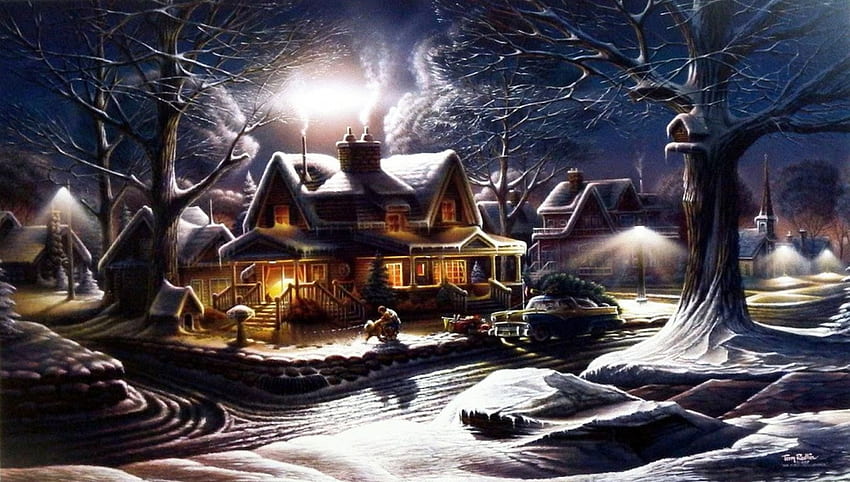 His First Homecoming, night, dog, winter, car, man, house, artwork, painting, moon, snow, lights, trees, village HD wallpaper