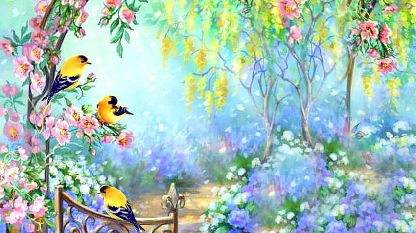 jardín de la mañana, verano, pájaros, canarios, árboles, jardín, flores, primavera fondo de pantalla