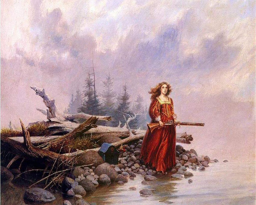 Guarding The Treasure Chest, gun, red dress, water, rocks, woman HD wallpaper