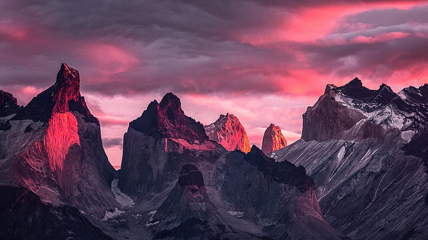 Patagonia Andes, Chile, peaks, sunset, colors, clouds, landscape, sky, rocks HD wallpaper