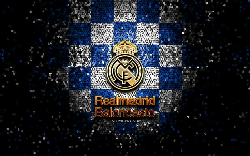 Real Madrid Basketball, glitter logo, ACB, blue white checkered background, spanish basketball team, Real Madrid Baloncesto logo, mosaic art, basketball, Real Madrid Baloncesto HD wallpaper