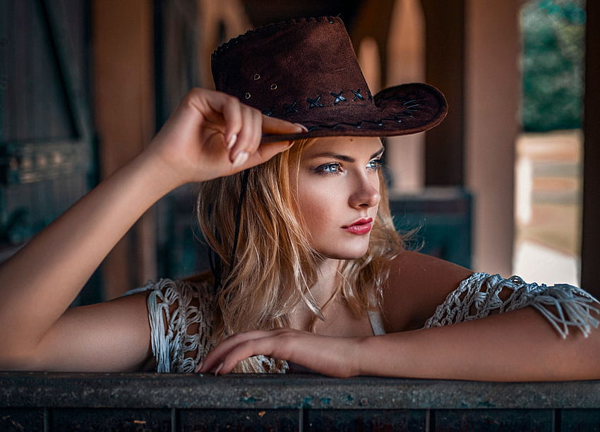Cowboy, Hat, Girl Model, Looking Away, , , Background, 20e2db HD wallpaper
