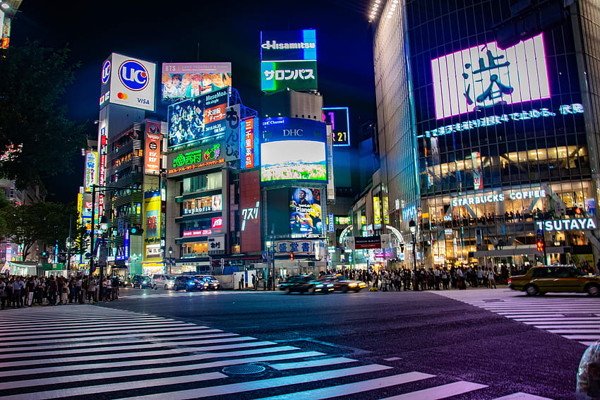 Shibuya crossing at night Tokyo. HD wallpaper