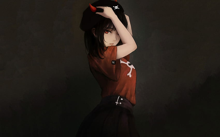 Red horns, devil, anime girl, artwork , , 16:10 HD wallpaper