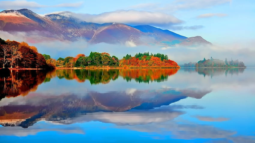 Чисто синьо езеро, езеро, природа, есен, дърво HD тапет