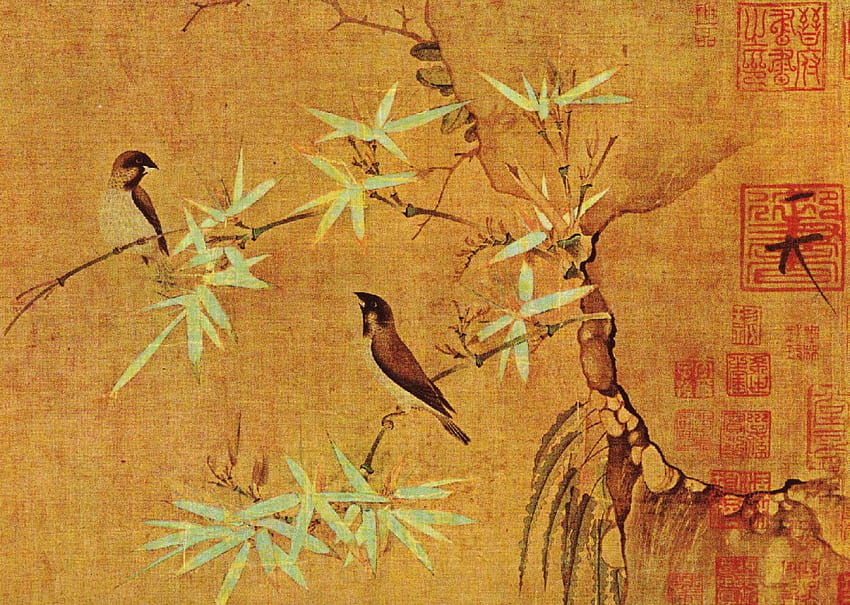 Song Huizong due fringuelli, fringuelli, uccelli, pittura Sfondo HD